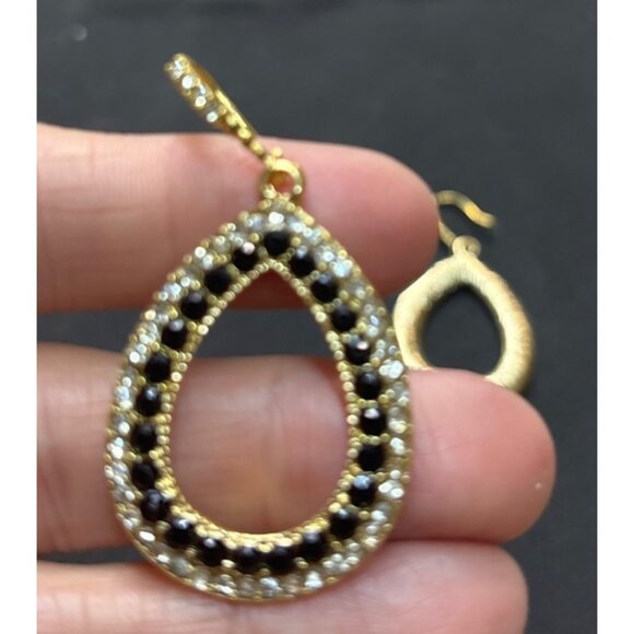 Gold-Toned Teardrop Earrings With Black & Clear Gemstone Accents - Picture 4 of 7